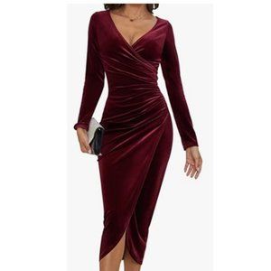 Women's V Neck Wrap Velvet Long Sleeve Elegant Bodycon Ruched Cocktail Party Max